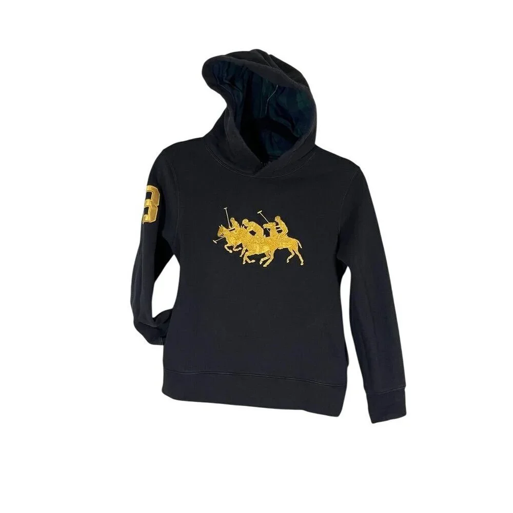 Ralph Lauren XL 3 Horse‎ Hoodie Black Kid Preppy Embroidery Luxury Classic Retro